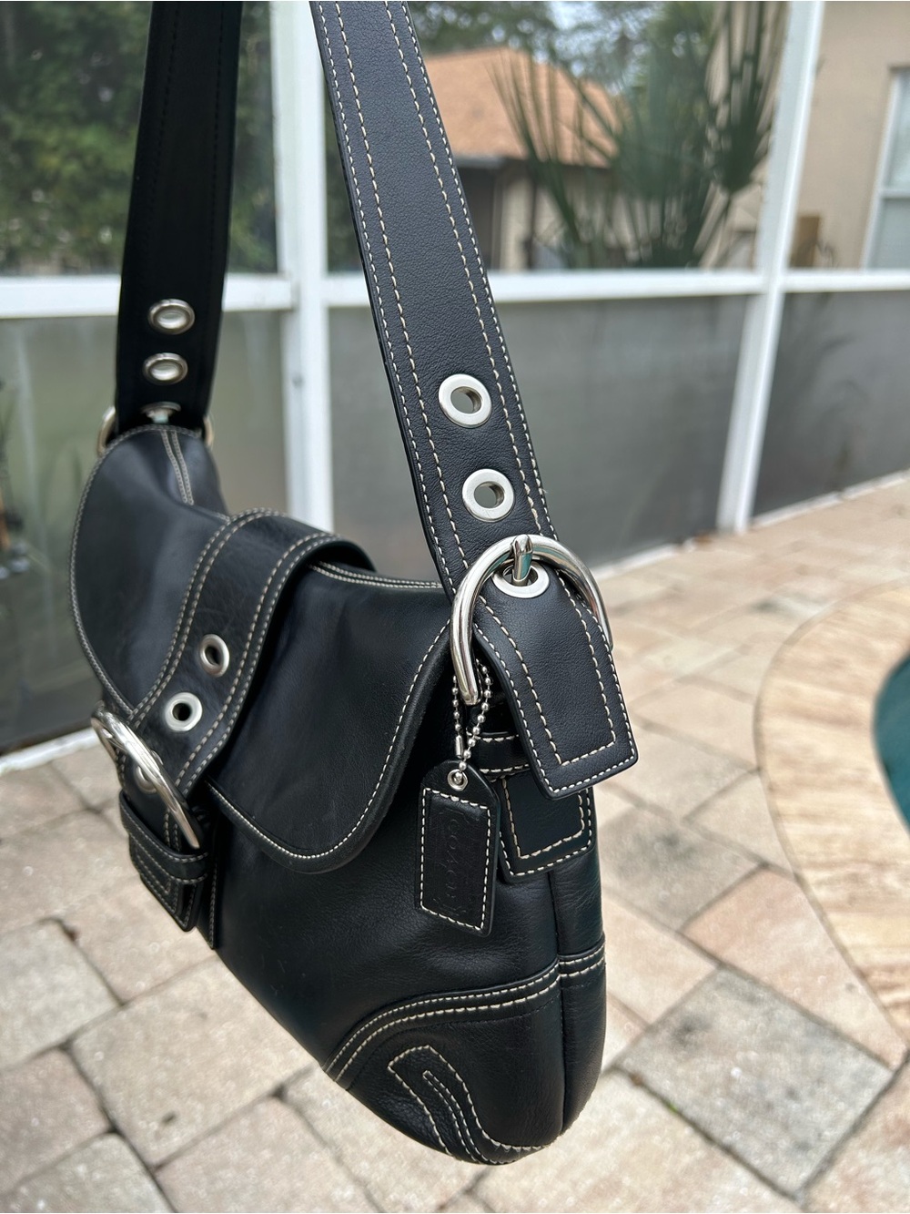 Coach Black Shoulder Bag with White Stitching